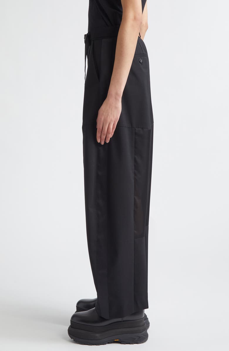 Sacai Belted Wool Suiting & Satin Barrel Leg Pants, Alternate, color, Black