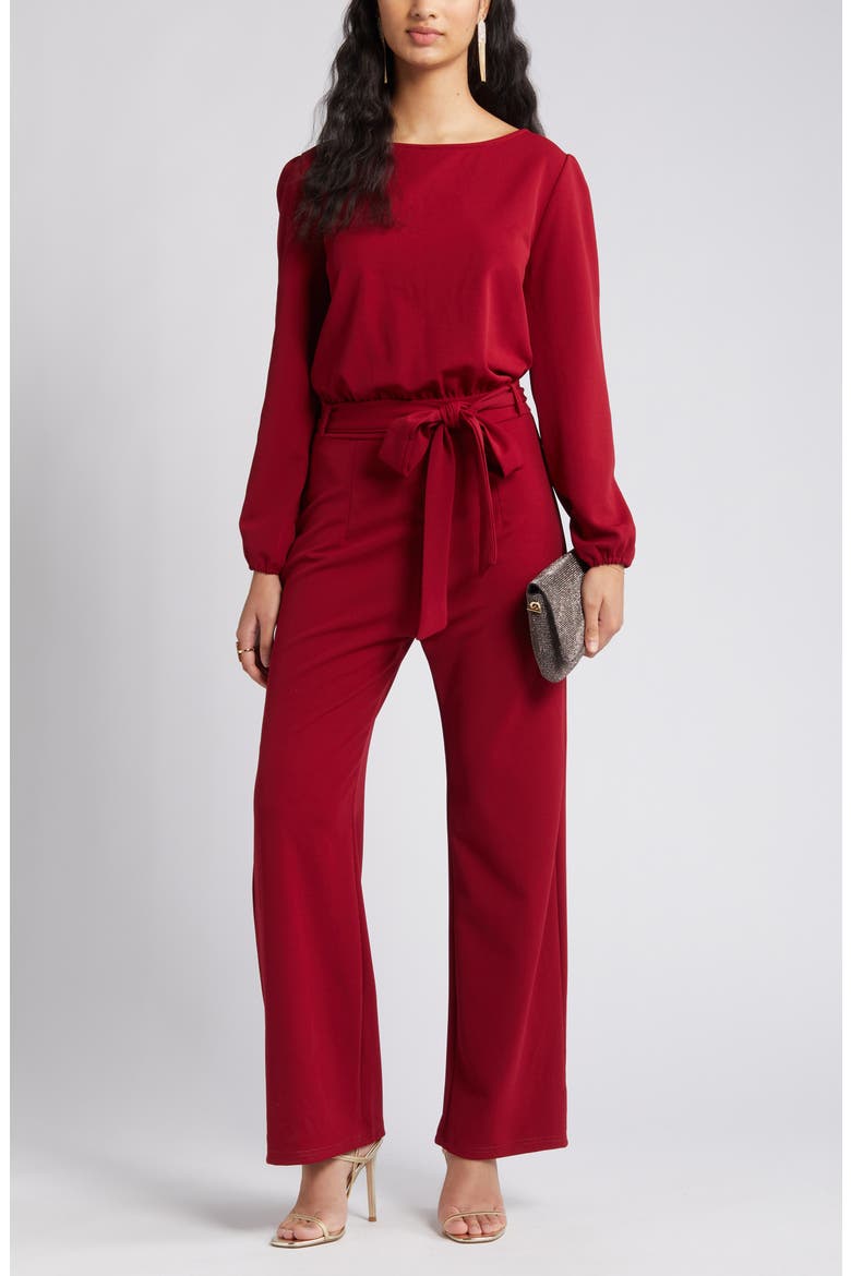 Joy Long Sleeve Tie Waist Jumpsuit, Main, color, BURGUNDY