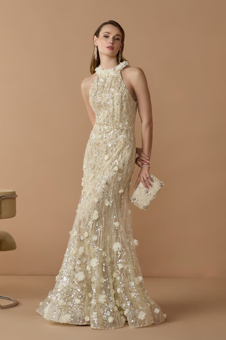 Beaded Lace Halter Neck Sleeveless Mermaid Gown, Alternate, color, Butter