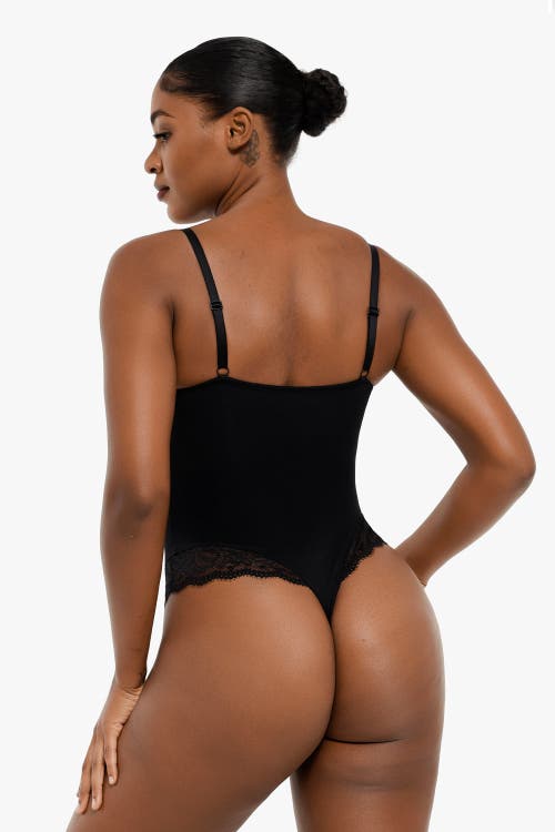 Popilush Shapewear Strappy Tummy Control Lace Inset Bodysuit In Midnight Black