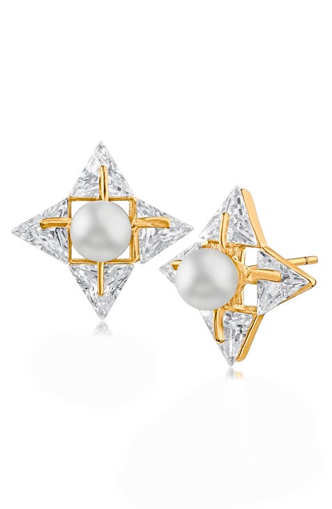 CZ & Faux Pearl Star Stud Earrings