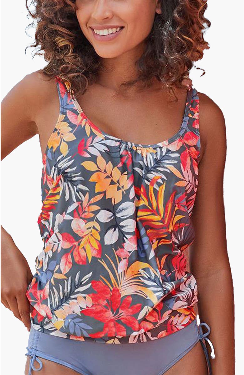 LASCANA Women's Tropical Print Loose Tankini Top, Main, color, Grey Printed