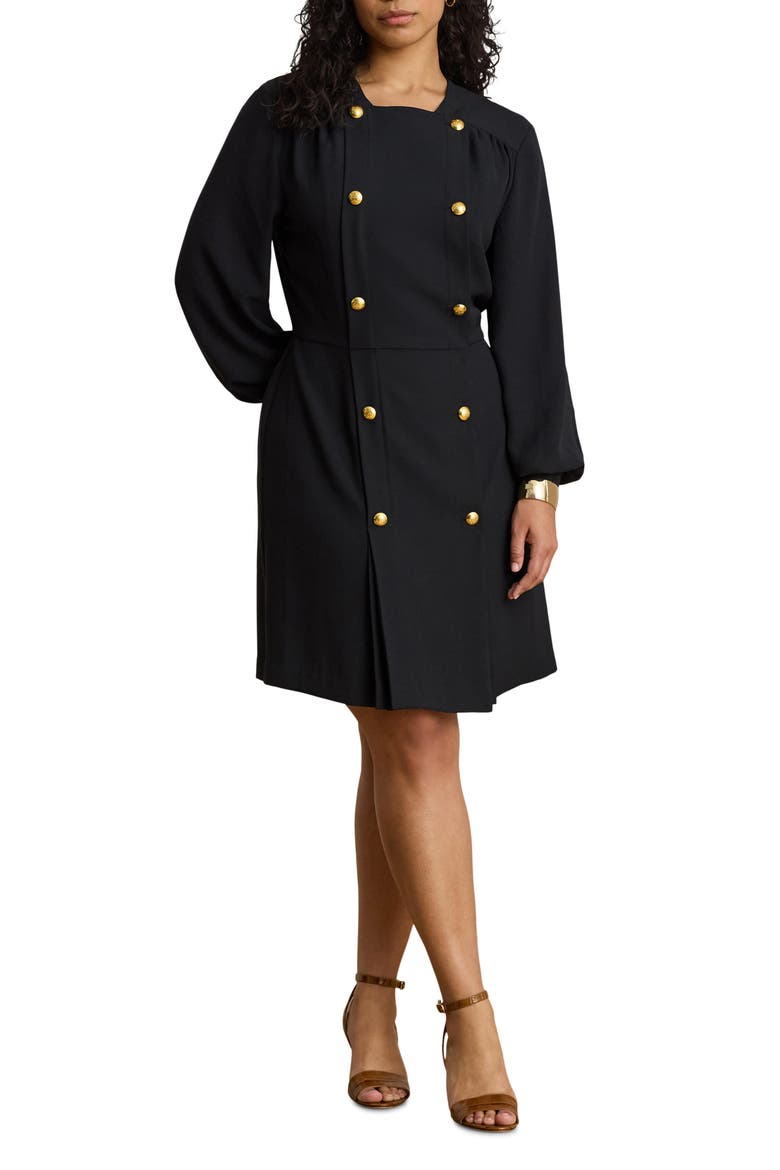 Long Sleeve Double Breasted Georgette Coat Dress, Alternate, color, BLACK