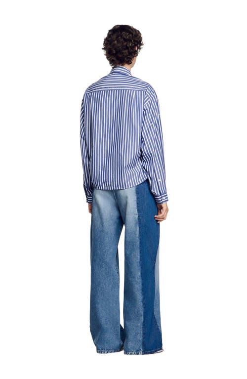 Sandro Womens Bleus Striped Rhinestone-embellished Cotton Shirt In Blue