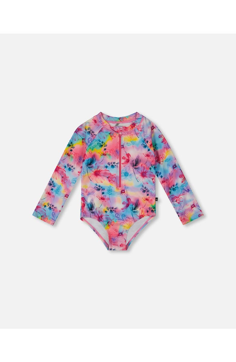 Deux par Deux Little Girl's Printed Long Sleeve Rashguard Butterflies On Multicolored Background, Main, color,