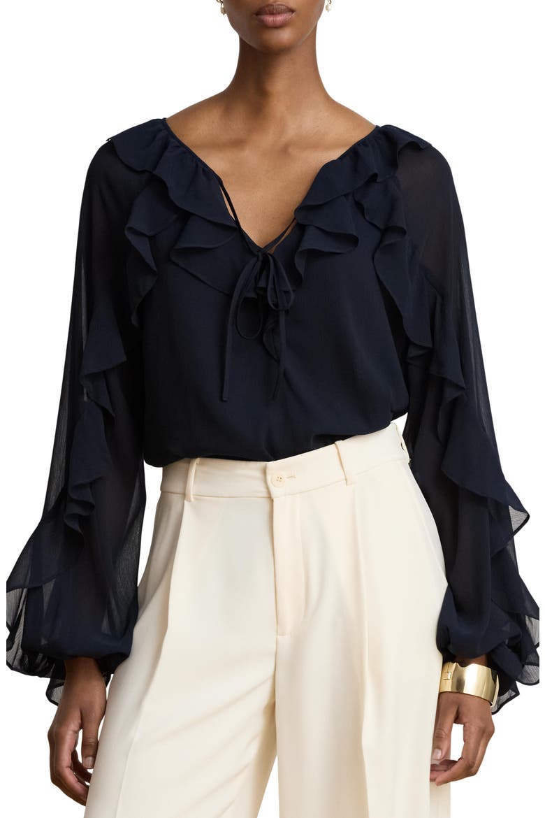 Ruffle Raglan Sleeve Georgette Top, Main, color, LAUREN NAVY BLUE