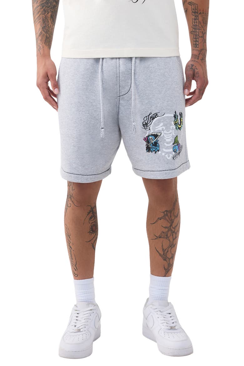 Buddha Face Big T Fleece Drawstring Shorts, Main, color, HEATHER GREY