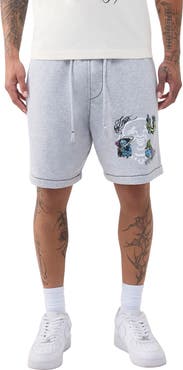 True Religion Buddha Face Big T Fleece Drawstring Shorts