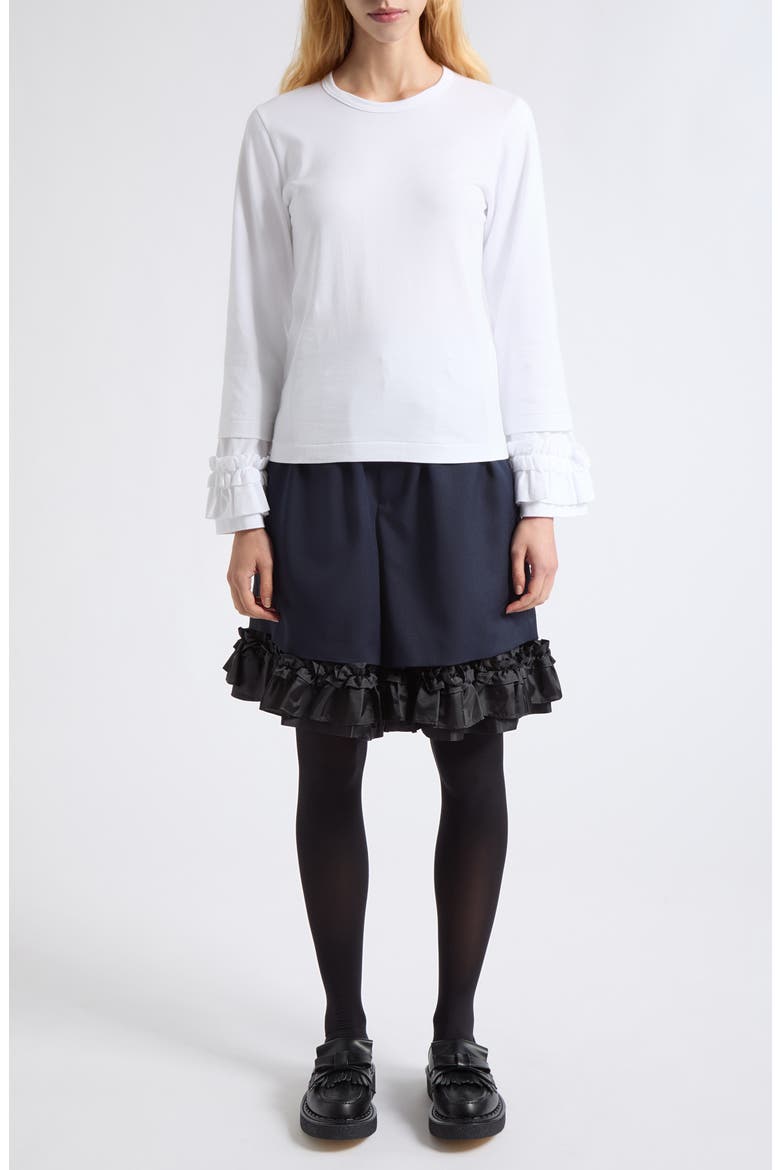 Ruffle Cuff Long Sleeve Cotton Top, Alternate, color, WHITE