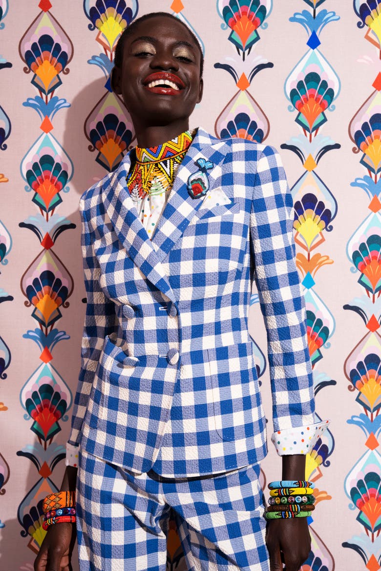 Vichy Blazer With Application, Alternate, color, Blue / White