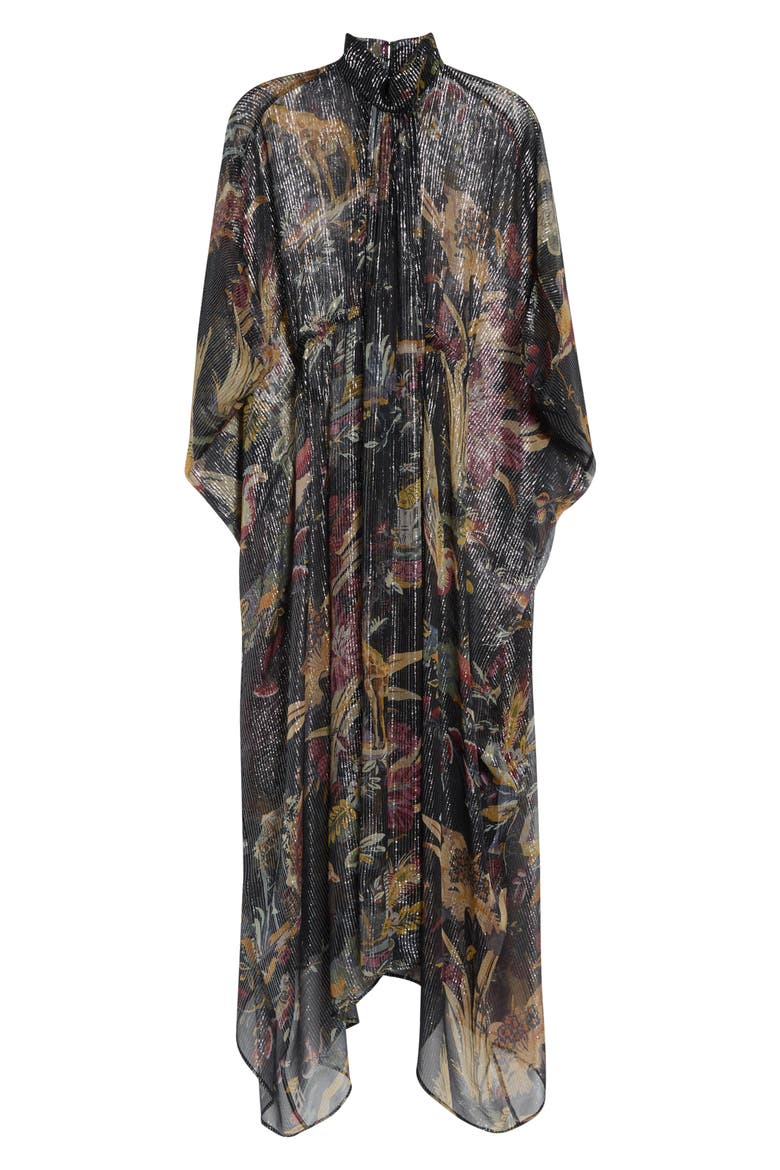 Metallic Stripe Print Silk Chiffon Dress, Main, color, BLACK