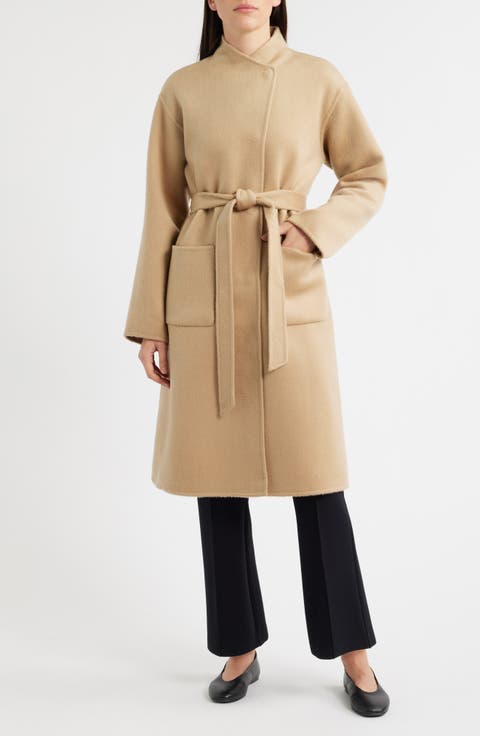 Belted Stand Collar Wool Coat (Plus)