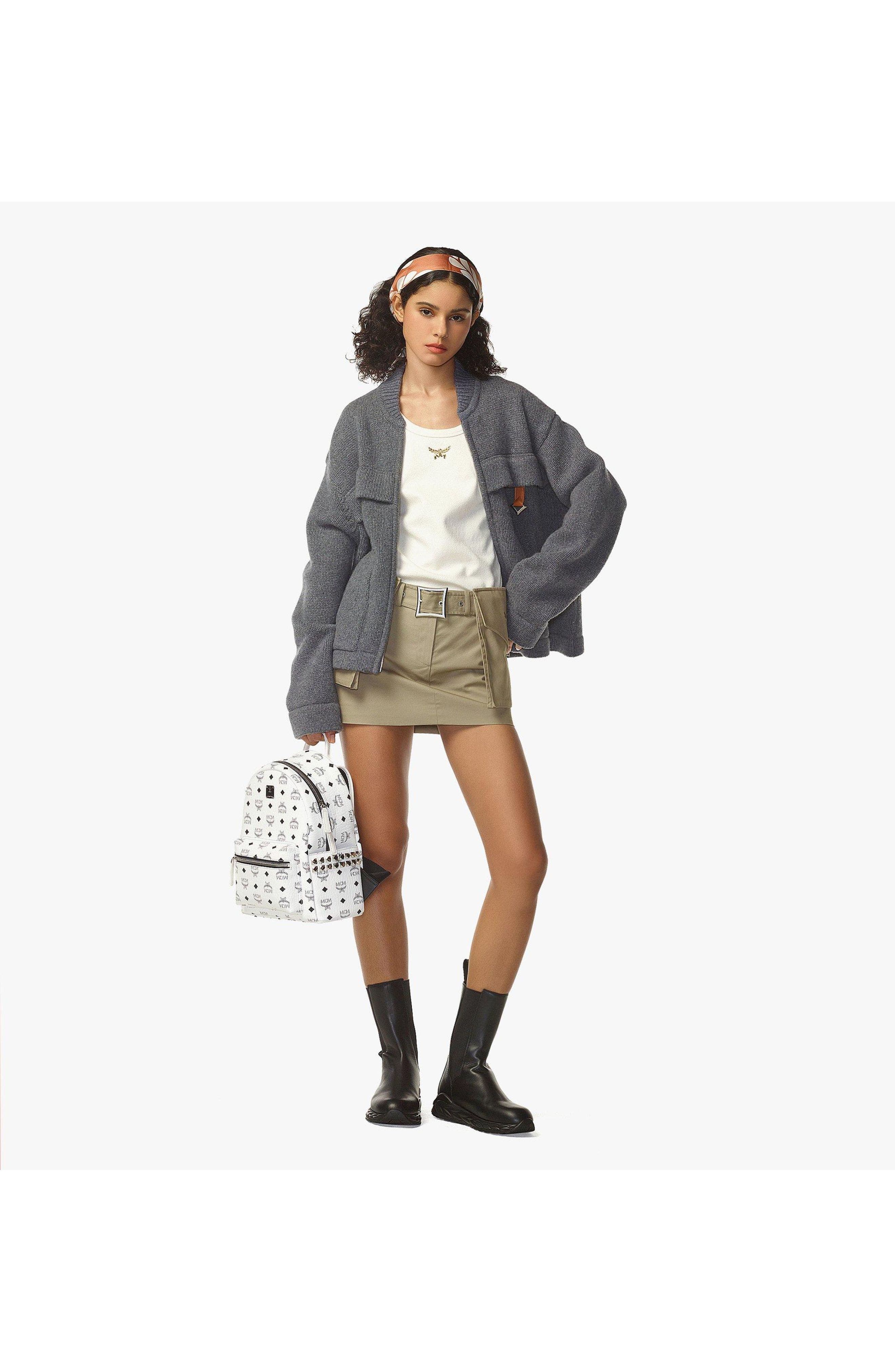 MCM Stark Side Studs Backpack in Visetos, Alternate, color, White