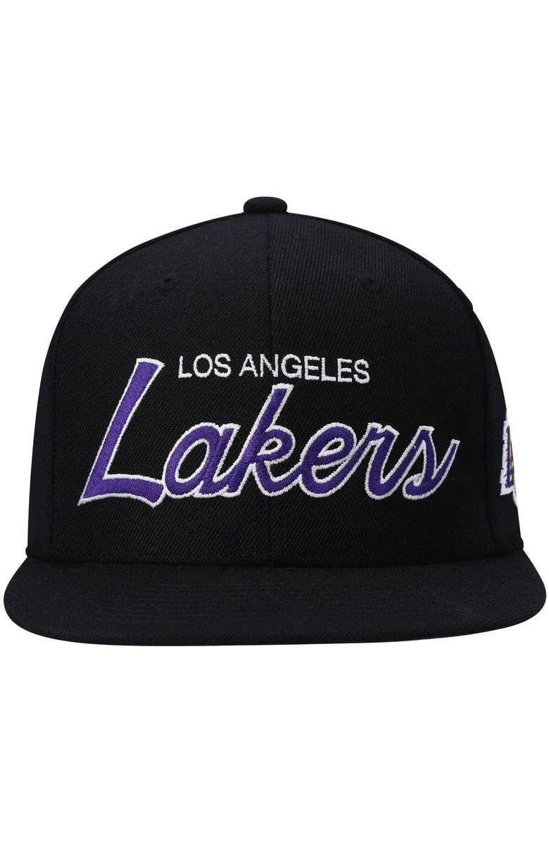 Mitchell & Ness Men's Mitchell & Ness Black Los Angeles Lakers Hardwood Classics Script 2.0 Snapback Hat, Alternate, color, Black