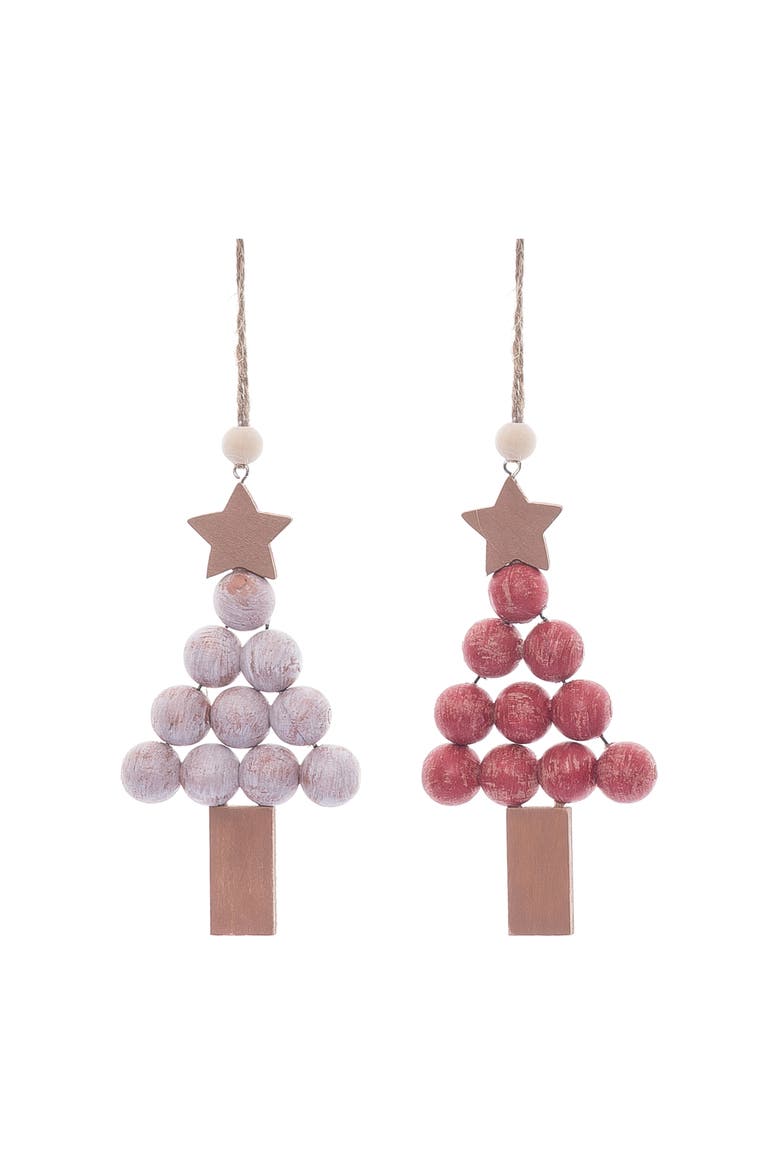 Christmas Holiday Pink Beaded Tree Wood Ornament Set of 2, Main, color, Multicolored
