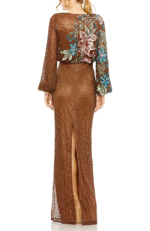 MAC DUGGAL MAC DUGGAL FLORAL EMBELLISHED LONG BLOUSON SLEEVE SEQUIN COLUMN GOWN