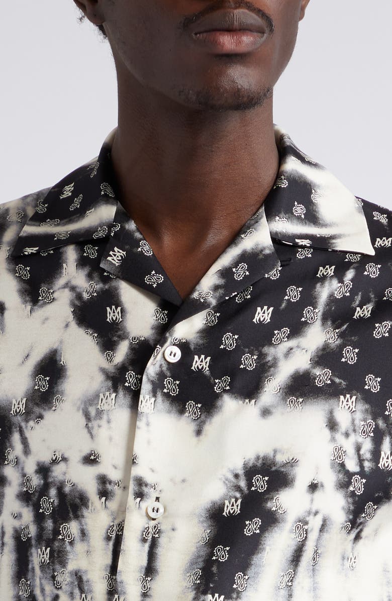 AMIRI Bleach Tie Dye Bandana Logo Print Silk Bowling Shirt, Alternate, color,