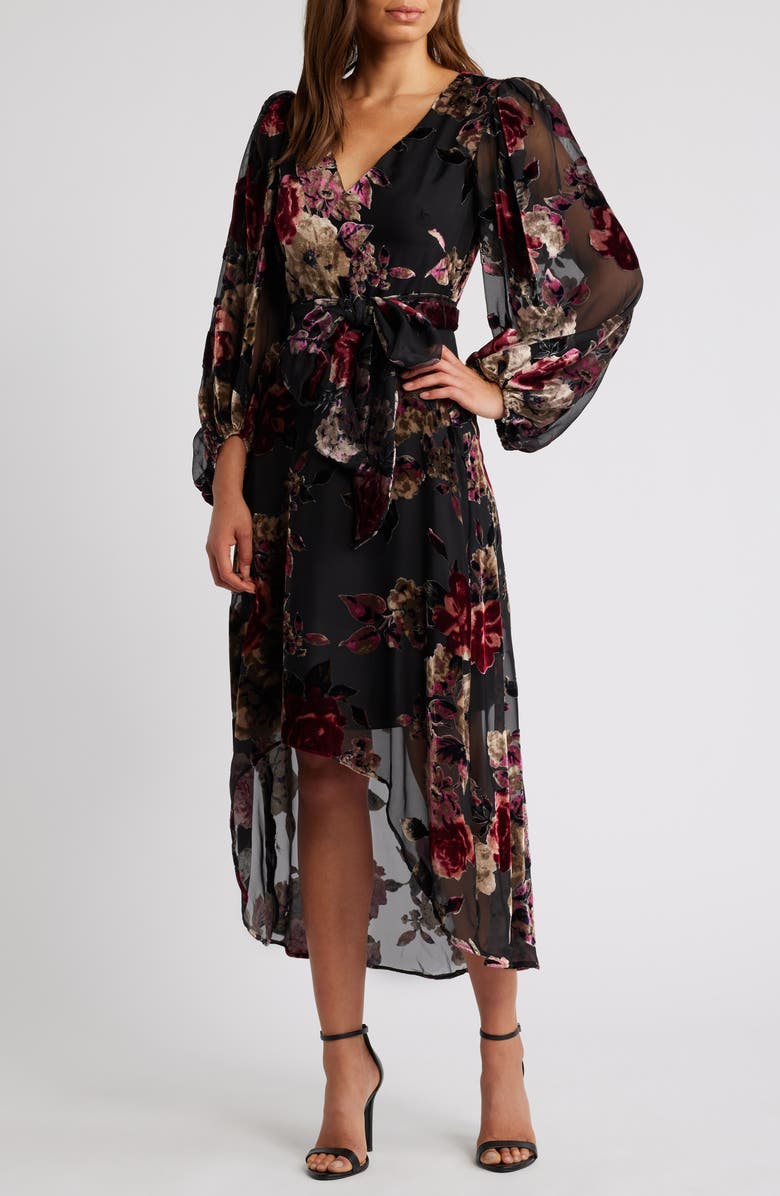 Eliza J Floral Burnout Long Sleeve High-Low Cocktail Dress, Main, color, 