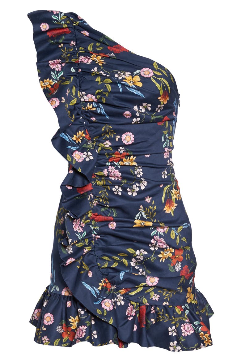C/MEO No Matter One-Shoulder Ruffle Minidress, Alternate, color, NAVY FLORAL