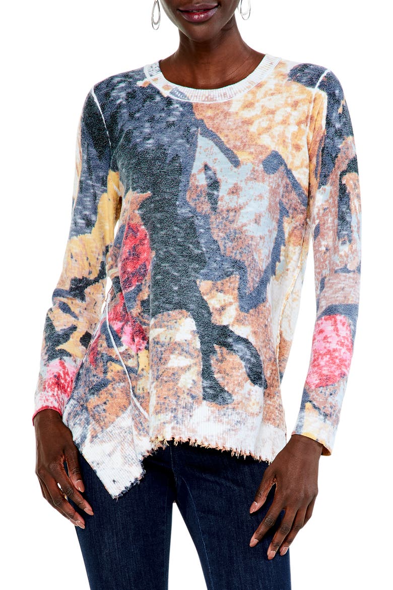 Women's Print Asymmetric Destroyed Edge Sweater, Main, color, BLUE MULTI
