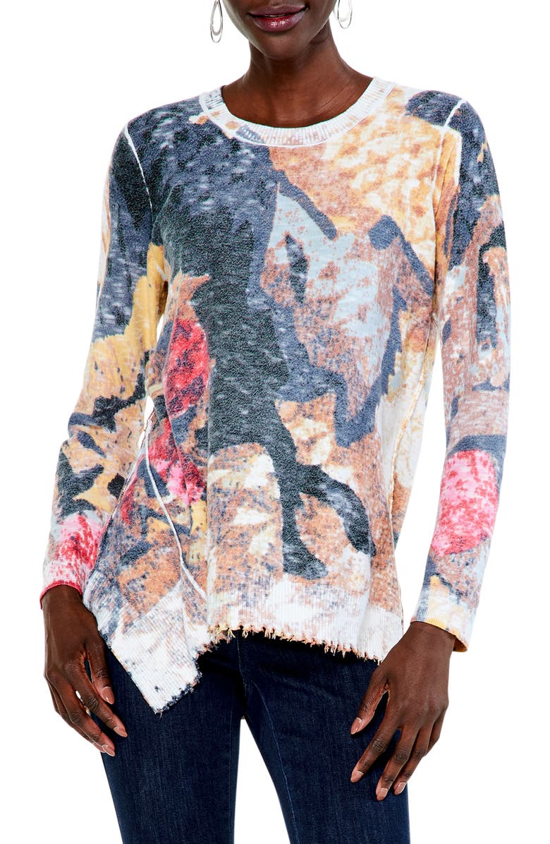 NIC+ZOE Women's Print Asymmetric Destroyed Edge Sweater, Main, color,