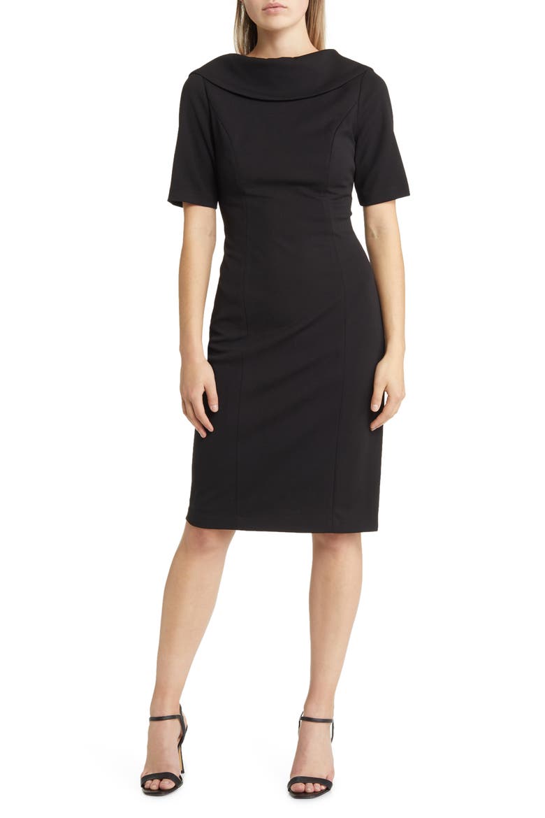 Foldover Neck V-Back Sheath Dress, Main, color, BLACK