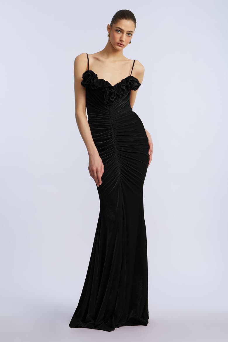 Ruffle Velvet Gown, Alternate, color, Black