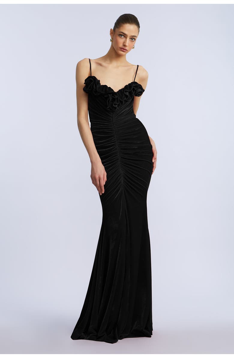 BCBGMAXAZRIA Ruffle Velvet Gown, Alternate, color, Black