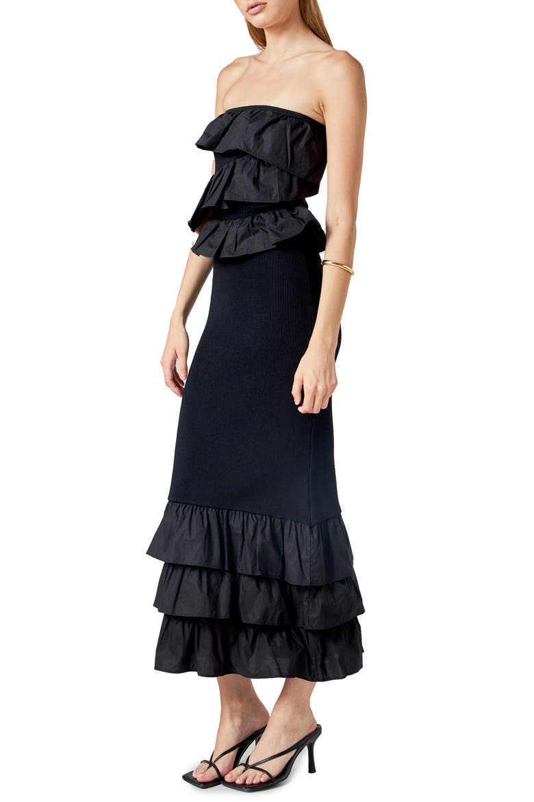 Ruffle Detail Mixed Media Strapless Dress, Alternate, color, BLACK