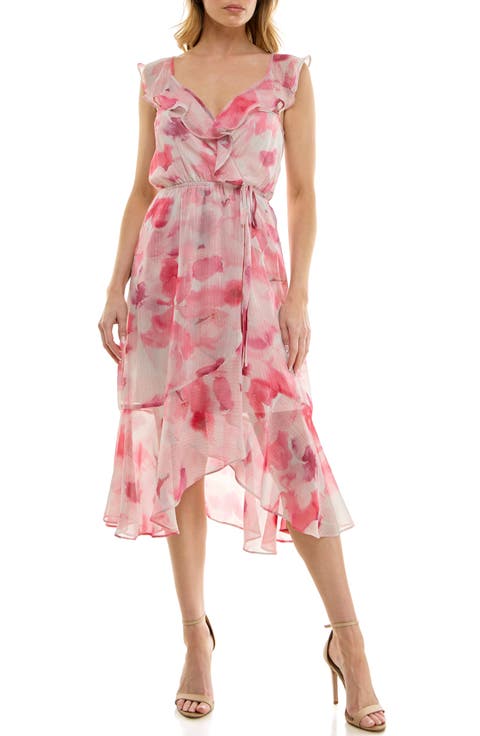 Ruffle Faux Wrap Chiffon Midi Dress