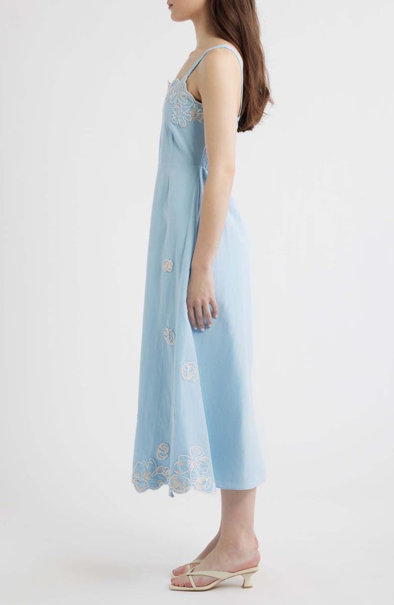 Cleobella Placed Floral Embroidery Cotton & Linen Chambray Sundress, Alternate, color, Glacier Lake
