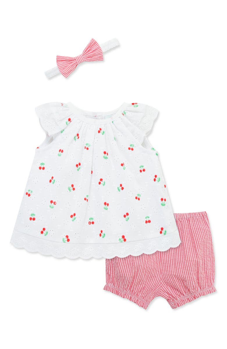 Little Me Cherry Eyelet Cotton Top, Shorts & Headband Set, Main, color, Pink