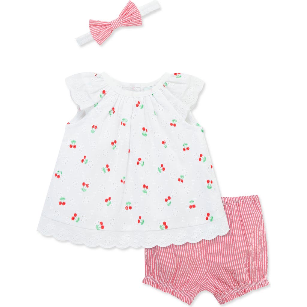 Little Me Cherry Eyelet Cotton Top, Shorts & Headband Set in Pink  product
