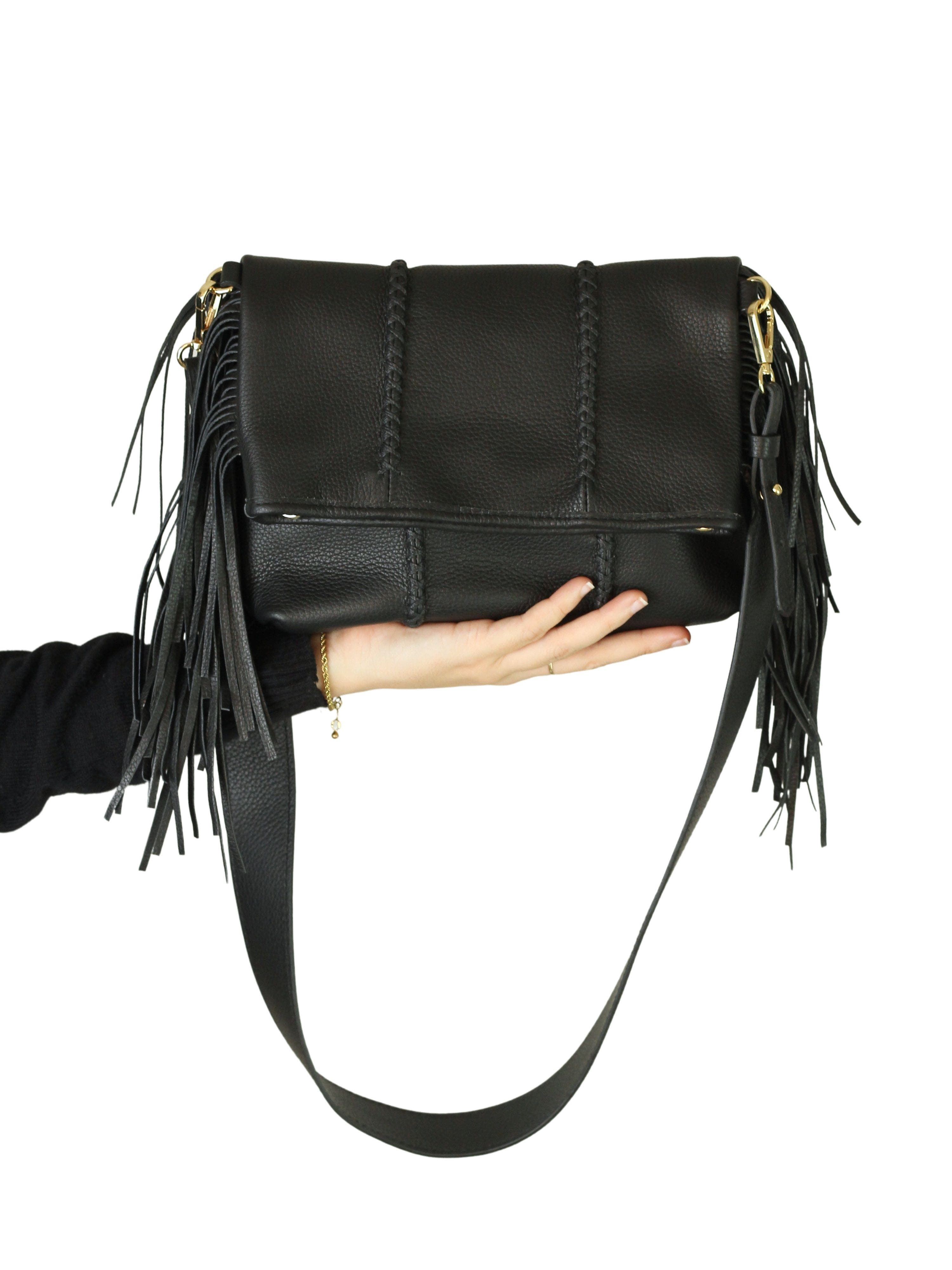 Carlos Falchi Mini Fringe Suede Foldover Crossbody Clutch, Alternate, color, Black Obsidian
