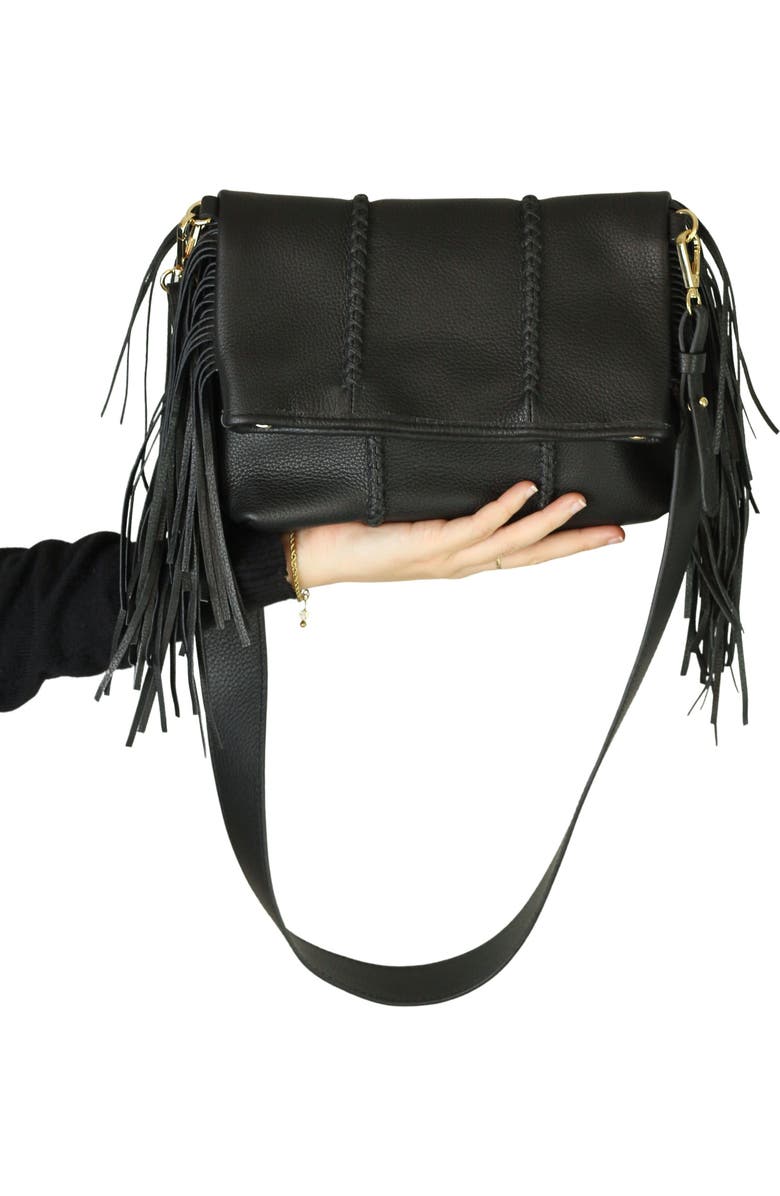 Carlos Falchi Mini Fringe Suede Foldover Crossbody Clutch, Alternate, color, Black Obsidian
