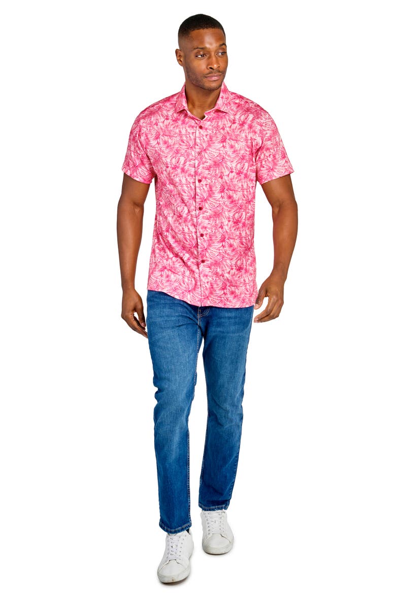 CONSTRUCT Slim Fit Large Monstera 4-Way Stretch Short Sleeve Button-Up Shirt, Alternate, color, Coral