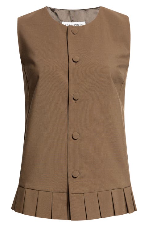 Sleeveless Pleat Hem Button-Up Shirt