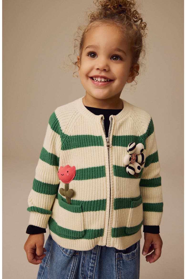 Kids' Tulip Appliqué Zip Sweater, Alternate, color, CREAM/GREEN