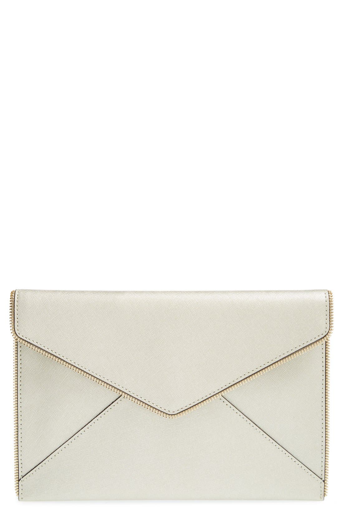 'Leo' Saffiano Leather Envelope Clutch, Main, color, PEWTER/ LIGHT GOLD