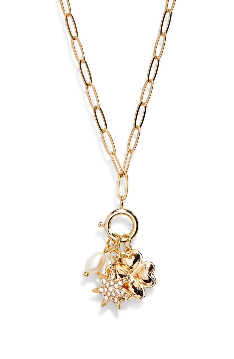 Cara Faux Pearl Charm Necklace, Main, color, Gold