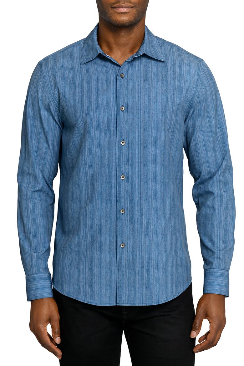 Slim Fit Indigo Abstract Stripe Performance Button-Up Shirt, Main, color, INDIGO