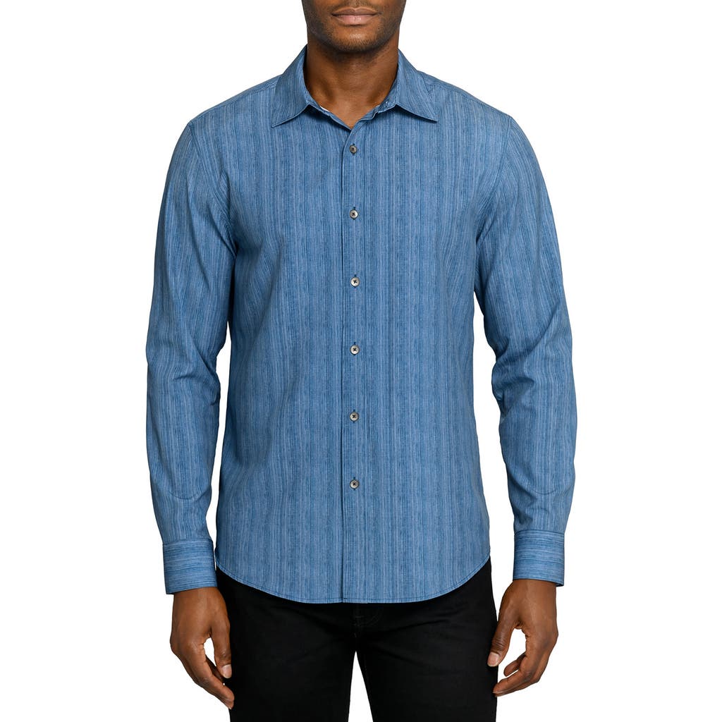 Wrk W.r.k Slim Fit Indigo Abstract Stripe Performance Button-up Shirt In Blue