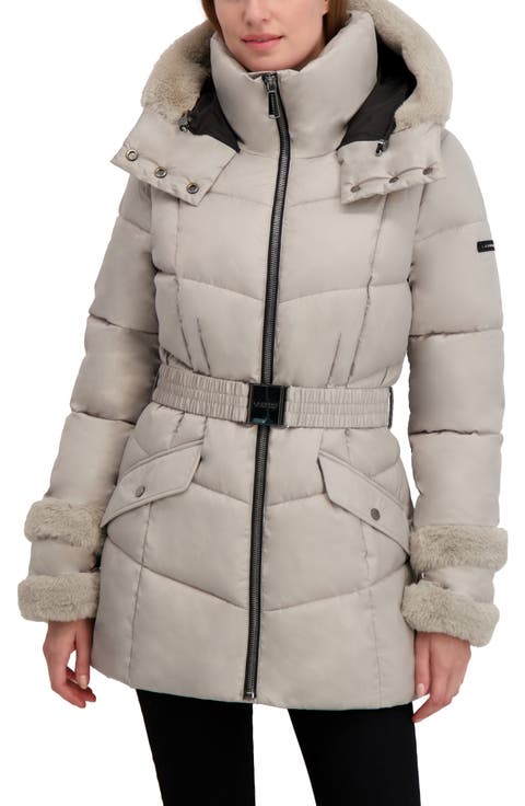 Petal Faux Fur Trim Hooded Puffer Jacket