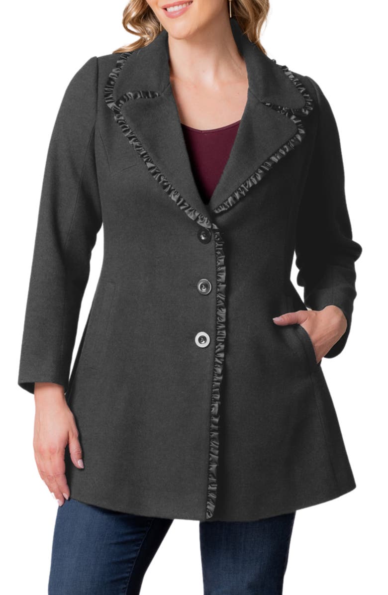 Kiyonna Juliette Satin Trim Princess Seam Coat, Main, color, Graphite Grey