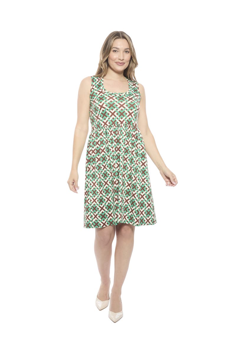24seven Comfort Apparel Womens Geometric Sleeveless Fit N Flare Knee Length A-Line Dress, Main, color, Green Multi