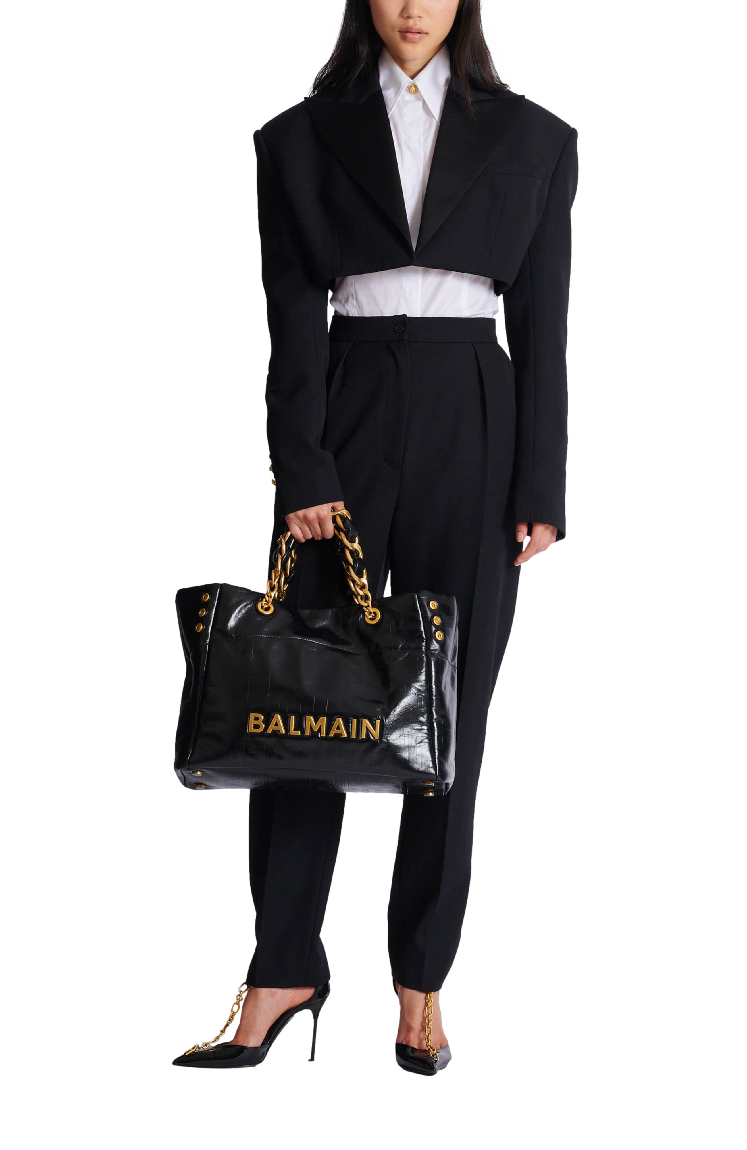 Balmain 1945 Soft crackled leather tote bag, Alternate, color, Black
