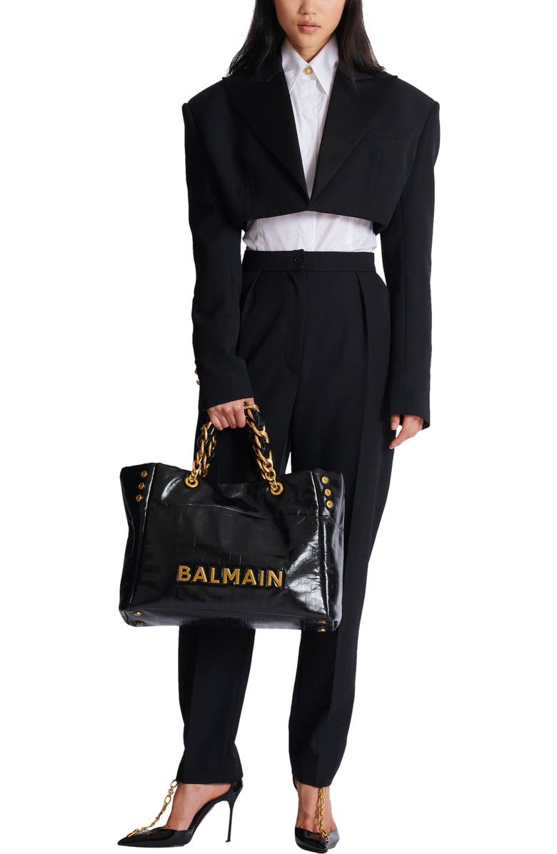 Balmain 1945 Soft crackled leather tote bag, Alternate, color, Black