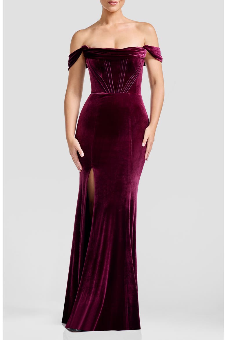 Melania Off the Shoulder Velvet Gown, Main, color, DARK CHERRY
