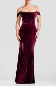 Dress the Population Melania Off the Shoulder Velvet Gown