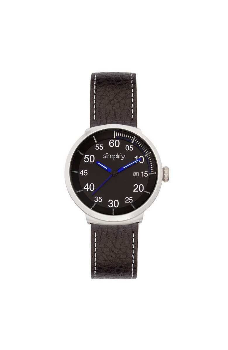 SIMPLIFY The 7100 Leather-Band Watch w/Date, Main, color, Black